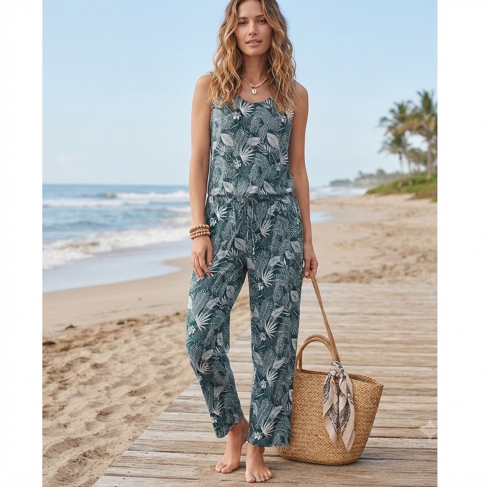 Muk Luks Jumpsuit Womens Medium Teal Tropical Leaf Print Wide Leg Summer Boho